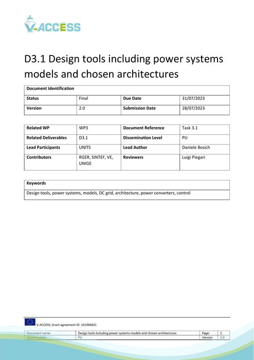 D3.1 Design tools including power systems models, chosen architectures, protection systems and converters models and simulation procedures